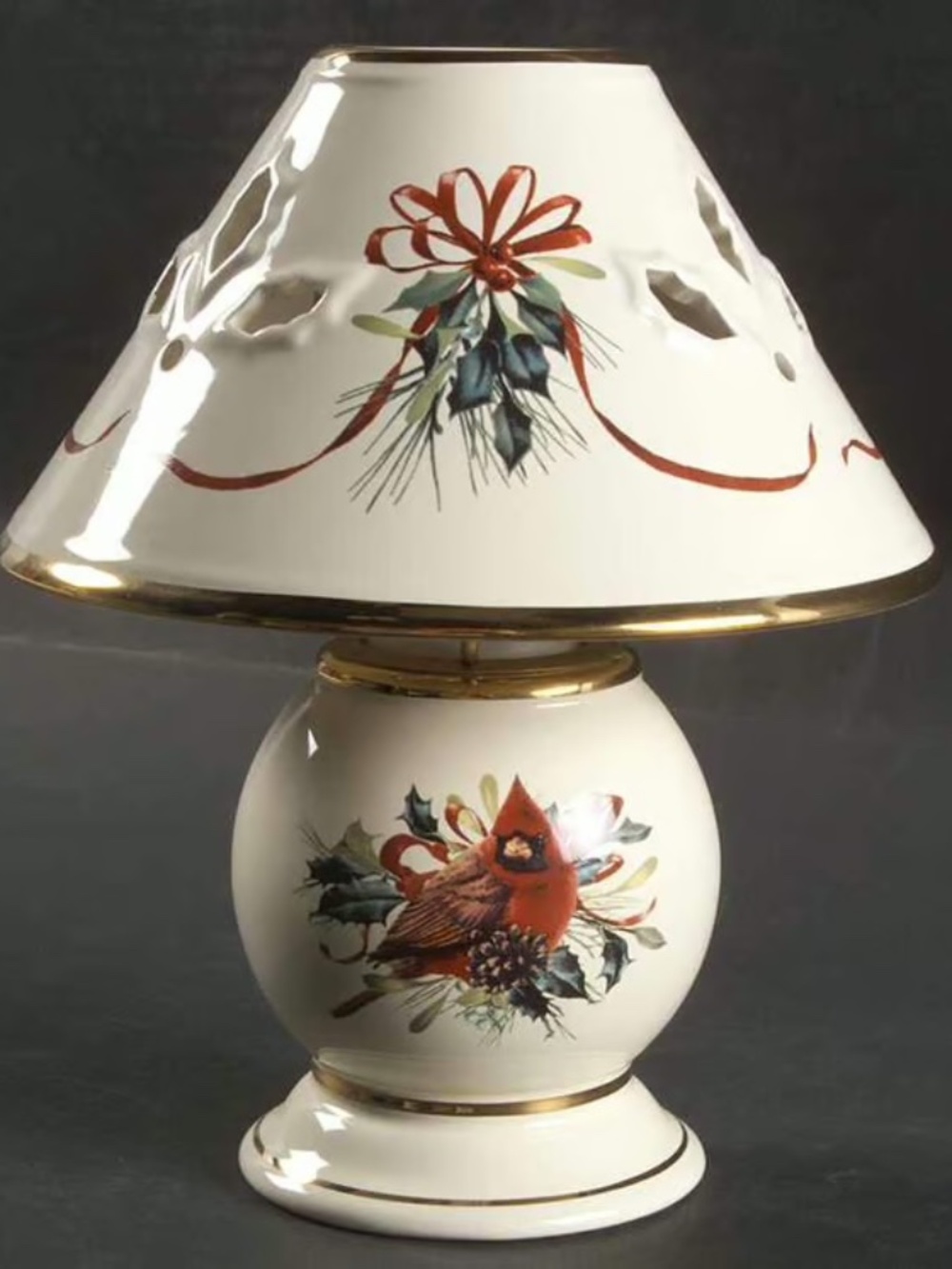 Lenox Winter Greetings Cardinal Candle Lamp 10" Catherine McClung 2pc Gold Trim